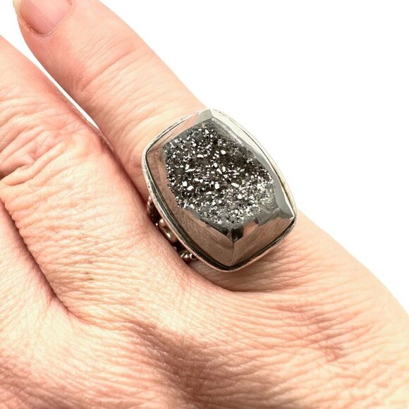 Womens Ring Silver Drusy Quartz Sterling Silver Size 7 Chunky Big - Picture 1 of 6